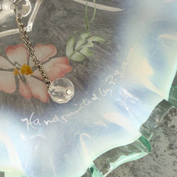 Fenton Opalescent Meadow Beauty Green Crest Hand-painted Bell 6.5” - Picture 6 of 6